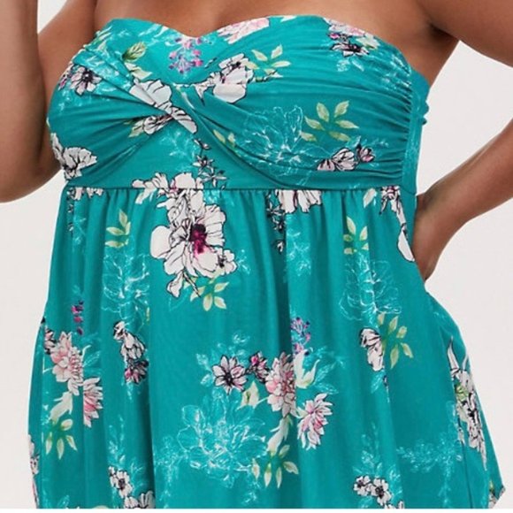 Torrid Tops - TORRID Turquoise Floral Mesh Strapless Babydoll